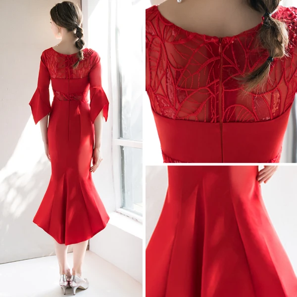Elegant Red Evening Dresses 2018 Trumpet / Mermaid Scoop Neck 3/4 Sleeve Appliques Lace Rhinestone Pearl Asymmetrical Ruffle Formal Dresses