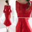 Elegant Red Evening Dresses  2018 Trumpet / Mermaid Scoop Neck 3/4 Sleeve Appliques Lace Rhinestone Pearl Asymmetrical Ruffle Formal Dresses