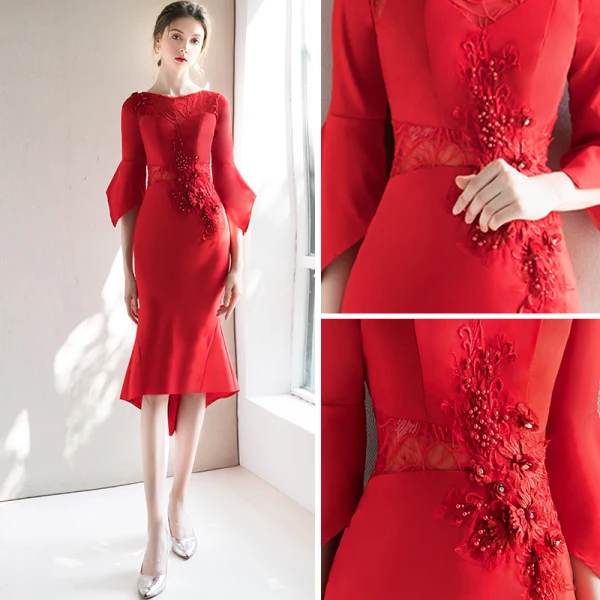 Elegant Red Evening Dresses 2018 Trumpet / Mermaid Scoop Neck 3/4 Sleeve Appliques Lace Rhinestone Pearl Asymmetrical Ruffle Formal Dresses