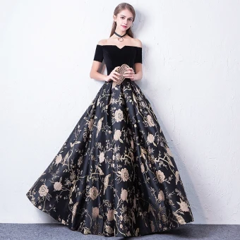 Simple Noire Robe De Bal 2017 Princesse De L Épaule Manches Courtes Brodé Longue Dos Nu Robe De Ceremonie