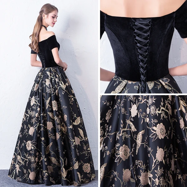 Modest / Simple Black Prom Dresses 2017 A-Line / Princess Off-The-Shoulder Short Sleeve Embroidered Floor-Length / Long Backless Formal Dresses