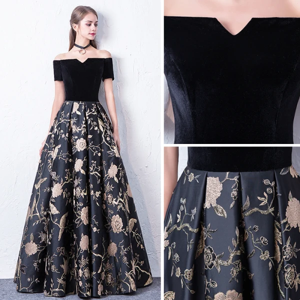 Modest / Simple Black Prom Dresses 2017 A-Line / Princess Off-The-Shoulder Short Sleeve Embroidered Floor-Length / Long Backless Formal Dresses