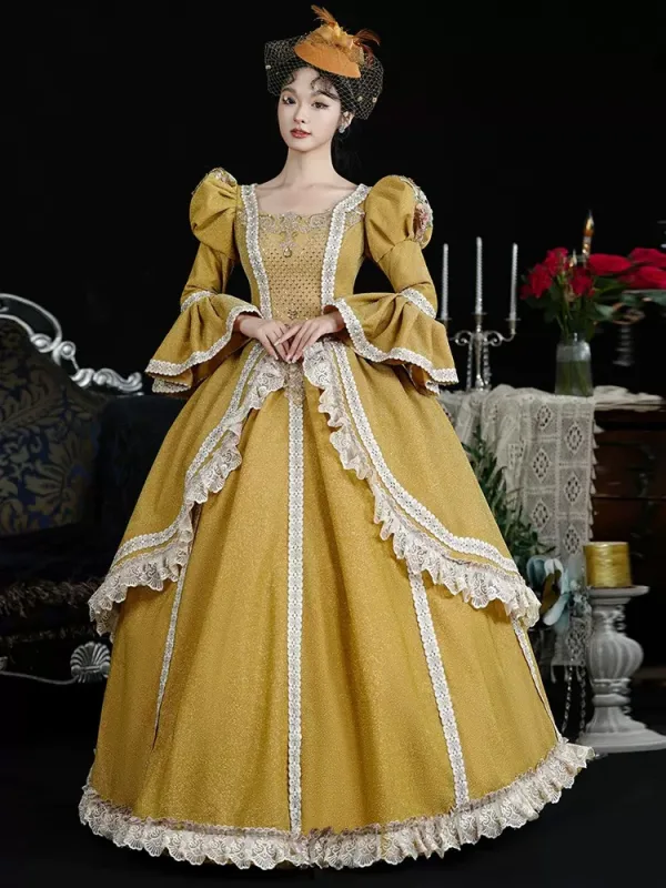 Vintage / Retro Medieval Bling Bling Yellow Prom Dresses Prom Dresses 2024 3D Lace Floor-Length / Long U-Neck Long Sleeve Ball Gown Cosplay Prom Formal Dresses