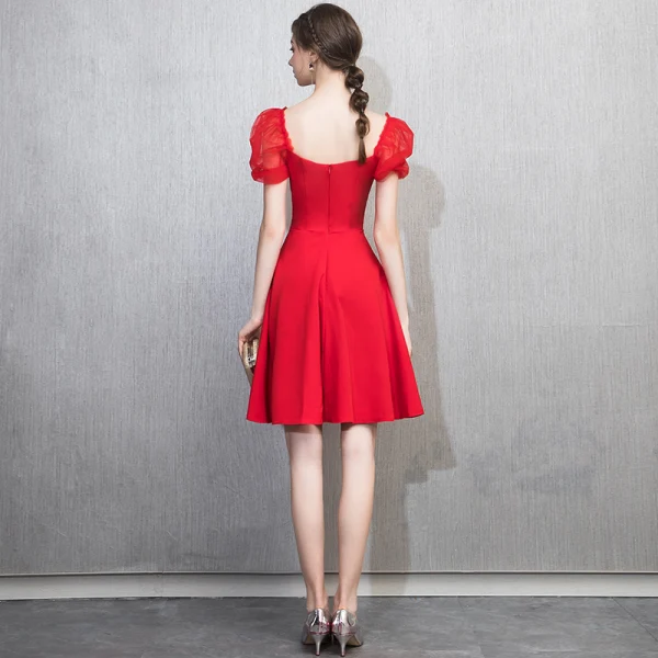 Chic / Beautiful Red Homecoming Graduation Dresses 2018 A-Line / Princess V-Neck Puffy Short Sleeve Short Ruffle Backless Formal Dresses