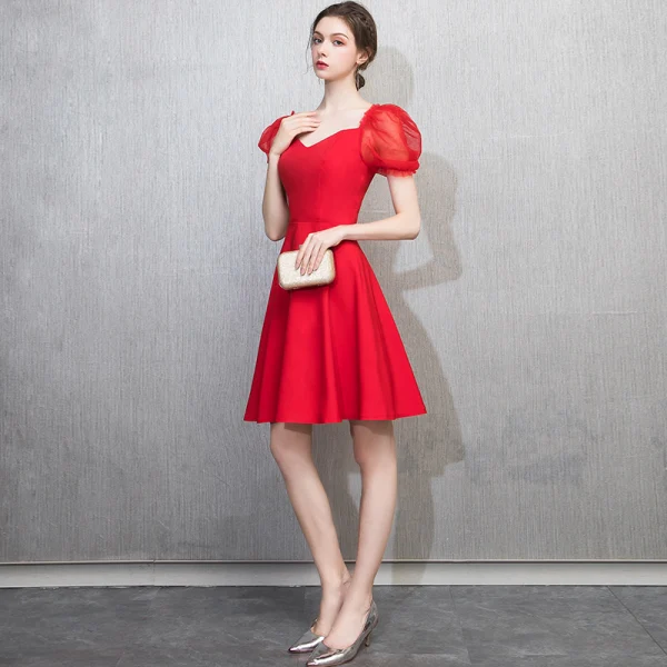 Chic / Beautiful Red Homecoming Graduation Dresses 2018 A-Line / Princess V-Neck Puffy Short Sleeve Short Ruffle Backless Formal Dresses