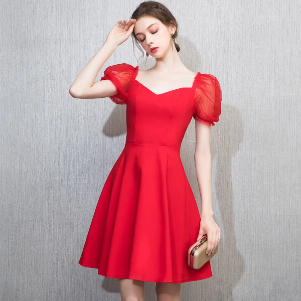 Chic / Beautiful Red Homecoming Graduation Dresses 2018 A-Line / Princess V-Neck Puffy Short Sleeve Short Ruffle Backless Formal Dresses