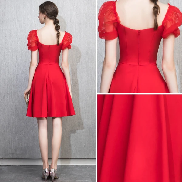 Chic / Beautiful Red Homecoming Graduation Dresses 2018 A-Line / Princess V-Neck Puffy Short Sleeve Short Ruffle Backless Formal Dresses