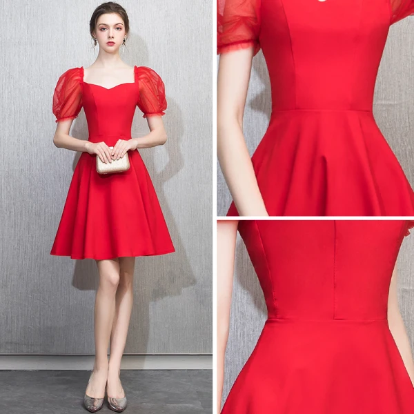 Chic / Beautiful Red Homecoming Graduation Dresses 2018 A-Line / Princess V-Neck Puffy Short Sleeve Short Ruffle Backless Formal Dresses