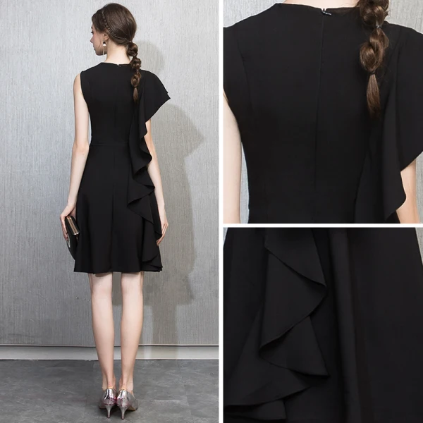 Chic / Beautiful Black Homecoming Graduation Dresses 2018 A-Line / Princess Scoop Neck One-Shoulder Short Sleeve Short Ruffle Formal Dresses