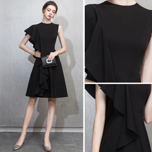 Chic / Beautiful Black Homecoming Graduation Dresses 2018 A-Line / Princess Scoop Neck One-Shoulder Short Sleeve Short Ruffle Formal Dresses