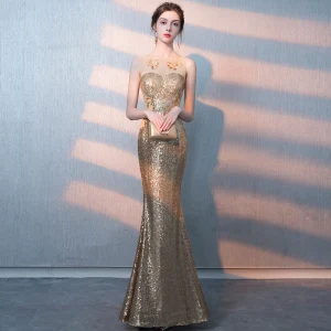 Scintillantes Doré Paillettes Transparentes Robe De Soirée 2018 Trompette Sirène Encolure Dégagée Sans Manches Longue Robe De Ceremonie