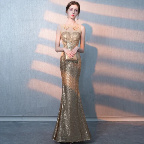 Sparkly Gold Sequins See-through Evening Dresses  2018 Trumpet / Mermaid Scoop Neck Sleeveless Floor-Length / Long Formal Dresses