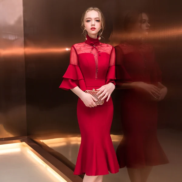 Chinese Stijl Bordeaux Doorzichtige Avondjurken 2018 Trompet / Zeemeermin Hoge Kraag 1/2 Mouwen Kralen Tea-length Ruche Gelegenheid Jurken