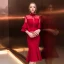 Chinese Stijl Bordeaux Doorzichtige Avondjurken 2018 Trompet / Zeemeermin Hoge Kraag 1/2 Mouwen Kralen Tea-length Ruche Gelegenheid Jurken