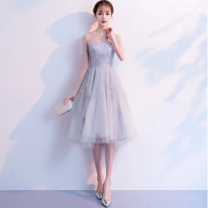 Chic Beautiful Grey Homecoming See Through Graduation Dresses 2018 A Line Princess Scoop Neck Short Sleeve Rhinestone Asymmetrical Ruffle Formal Dresses
