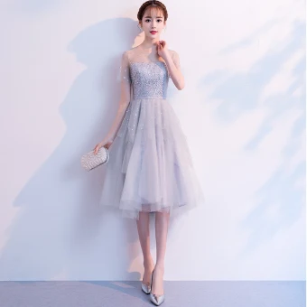 Chic Beautiful Grey Homecoming See Through Graduation Dresses 2018 A Line Princess Scoop Neck Short Sleeve Rhinestone Asymmetrical Ruffle Formal Dresses