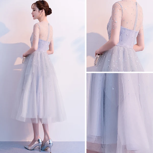 Chic / Belle Gris de retour Transparentes Robe De Graduation 2018 Princesse Encolure Dégagée Manches Courtes Faux Diamant Asymétrique Volants Robe De Ceremonie