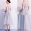 Chic / Belle Gris de retour Transparentes Robe De Graduation 2018 Princesse Encolure Dégagée Manches Courtes Faux Diamant Asymétrique Volants Robe De Ceremonie
