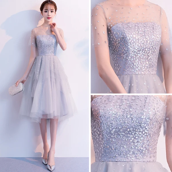 Chic / Belle Gris de retour Transparentes Robe De Graduation 2018 Princesse Encolure Dégagée Manches Courtes Faux Diamant Asymétrique Volants Robe De Ceremonie
