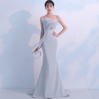 Elegant Grey Evening Dresses 2018 Trumpet Mermaid Strapless Sleeveless Sweep Train Ruffle Backless Formal Dresses