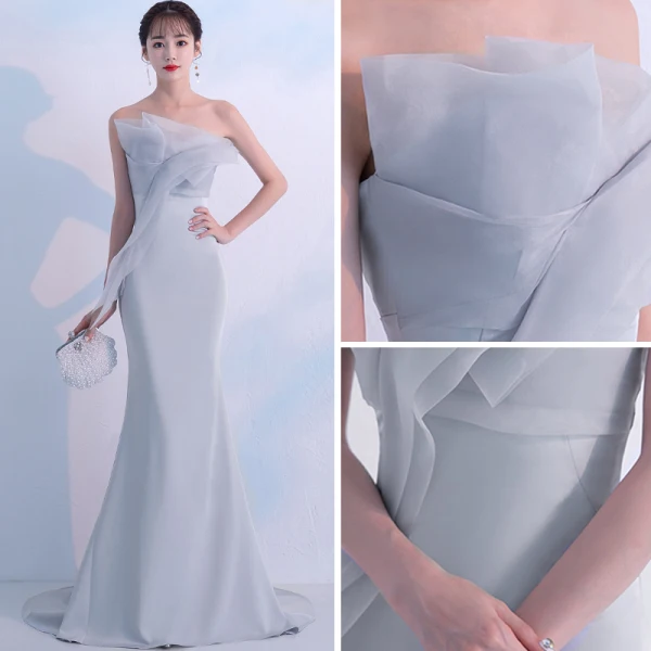 Elegante Grau Abendkleider 2018 Meerjungfrau Bandeau Ärmellos Sweep / Pinsel Zug Rüschen Rückenfreies Festliche Kleider