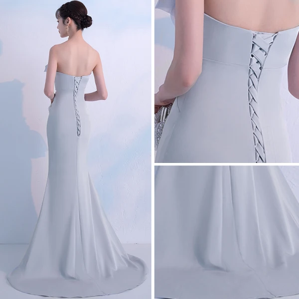 Elegante Grau Abendkleider 2018 Meerjungfrau Bandeau Ärmellos Sweep / Pinsel Zug Rüschen Rückenfreies Festliche Kleider