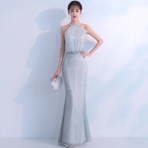 Bling Bling Gris Robe De Soirée 2018 Trompette Sirène Encolure Dégagée Sans Manches Glitter Tulle Longue Volants Robe De Ceremonie