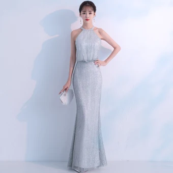 Bling Bling Gris Robe De Soirée 2018 Trompette Sirène Encolure Dégagée Sans Manches Glitter Tulle Longue Volants Robe De Ceremonie