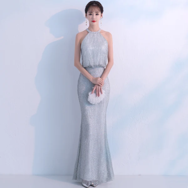 Bling Bling Grey Evening Dresses 2018 Trumpet / Mermaid Scoop Neck Sleeveless Glitter Tulle Floor-Length / Long Ruffle Formal Dresses