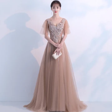 Élégant Kaki Robe De Soirée 2018 Princesse V Cou Manches Courtes Appliques En Dentelle Faux Diamant Perle Perlage Train De Balayage Volants Dos Nu Robe De Ceremonie
