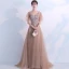 Élégant Kaki Robe De Soirée 2018 Princesse V-Cou Manches Courtes Appliques En Dentelle Faux Diamant Perle Perlage Train De Balayage Volants Dos Nu Robe De Ceremonie