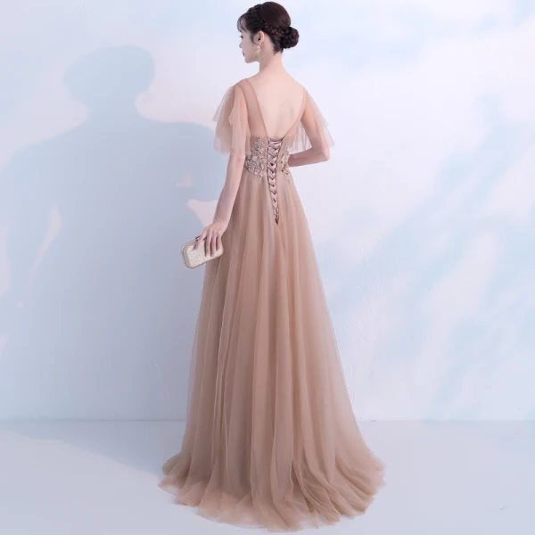 Élégant Kaki Robe De Soirée 2018 Princesse V-Cou Manches Courtes Appliques En Dentelle Faux Diamant Perle Perlage Train De Balayage Volants Dos Nu Robe De Ceremonie