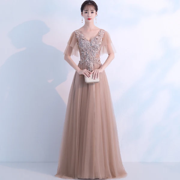 Élégant Kaki Robe De Soirée 2018 Princesse V-Cou Manches Courtes Appliques En Dentelle Faux Diamant Perle Perlage Train De Balayage Volants Dos Nu Robe De Ceremonie