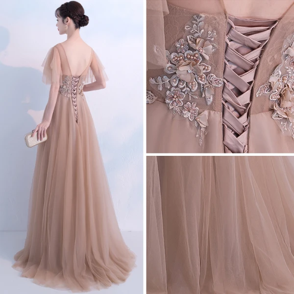 Élégant Kaki Robe De Soirée 2018 Princesse V-Cou Manches Courtes Appliques En Dentelle Faux Diamant Perle Perlage Train De Balayage Volants Dos Nu Robe De Ceremonie