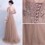 Élégant Kaki Robe De Soirée 2018 Princesse V-Cou Manches Courtes Appliques En Dentelle Faux Diamant Perle Perlage Train De Balayage Volants Dos Nu Robe De Ceremonie