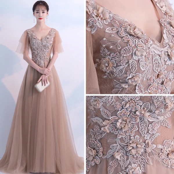 Élégant Kaki Robe De Soirée 2018 Princesse V-Cou Manches Courtes Appliques En Dentelle Faux Diamant Perle Perlage Train De Balayage Volants Dos Nu Robe De Ceremonie