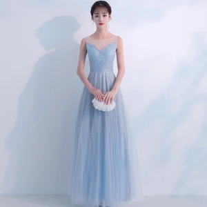 Bling Bling Bleu Ciel Robe De Soirée 2018 Princesse Transparentes Encolure Dégagée Sans Manches Glitter Tulle Longue Volants Dos Nu Robe De Ceremonie