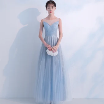 Bling Bling Bleu Ciel Robe De Soirée 2018 Princesse Transparentes Encolure Dégagée Sans Manches Glitter Tulle Longue Volants Dos Nu Robe De Ceremonie
