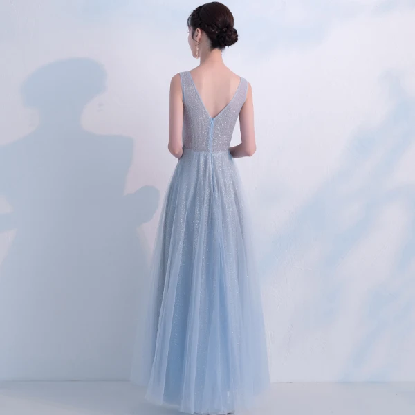 Bling Bling Bleu Ciel Robe De Soirée 2018 Princesse Transparentes Encolure Dégagée Sans Manches Glitter Tulle Longue Volants Dos Nu Robe De Ceremonie