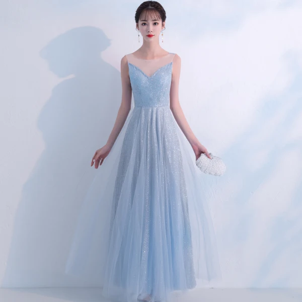 Bling Bling Bleu Ciel Robe De Soirée 2018 Princesse Transparentes Encolure Dégagée Sans Manches Glitter Tulle Longue Volants Dos Nu Robe De Ceremonie