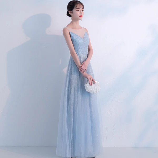 Bling Bling Bleu Ciel Robe De Soirée 2018 Princesse Transparentes Encolure Dégagée Sans Manches Glitter Tulle Longue Volants Dos Nu Robe De Ceremonie