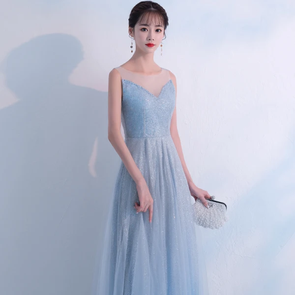 Bling Bling Bleu Ciel Robe De Soirée 2018 Princesse Transparentes Encolure Dégagée Sans Manches Glitter Tulle Longue Volants Dos Nu Robe De Ceremonie