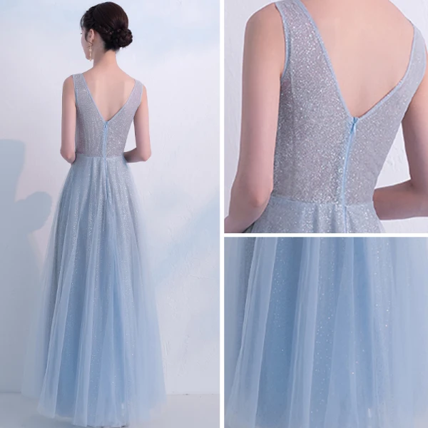 Bling Bling Bleu Ciel Robe De Soirée 2018 Princesse Transparentes Encolure Dégagée Sans Manches Glitter Tulle Longue Volants Dos Nu Robe De Ceremonie