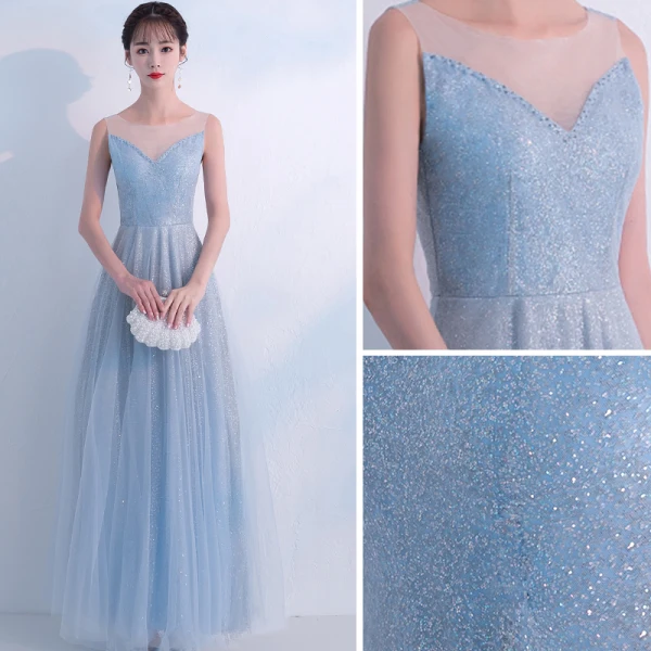 Bling Bling Bleu Ciel Robe De Soirée 2018 Princesse Transparentes Encolure Dégagée Sans Manches Glitter Tulle Longue Volants Dos Nu Robe De Ceremonie