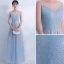 Bling Bling Bleu Ciel Robe De Soirée 2018 Princesse Transparentes Encolure Dégagée Sans Manches Glitter Tulle Longue Volants Dos Nu Robe De Ceremonie