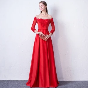 Élégant Rouge Robe De Soirée 2017 Princesse Encolure Dégagée Manches Longues Appliques En Dentelle Perlage Ceinture Longue Dos Nu Percé Robe De Ceremonie