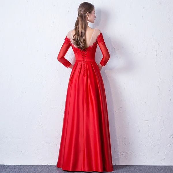 Elegant Red Evening Dresses 2017 A-Line / Princess Scoop Neck Long Sleeve Appliques Lace Beading Sash Floor-Length / Long Backless Pierced Formal Dresses