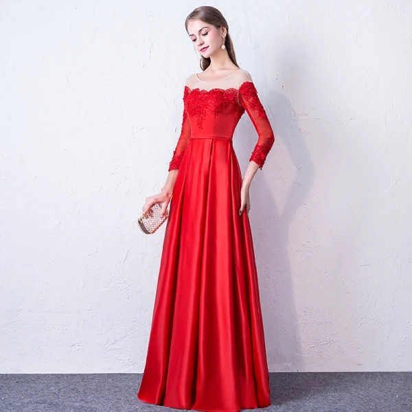 Elegant Red Evening Dresses 2017 A-Line / Princess Scoop Neck Long Sleeve Appliques Lace Beading Sash Floor-Length / Long Backless Pierced Formal Dresses