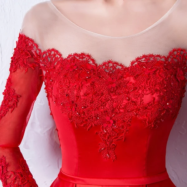 Elegant Red Evening Dresses 2017 A-Line / Princess Scoop Neck Long Sleeve Appliques Lace Beading Sash Floor-Length / Long Backless Pierced Formal Dresses