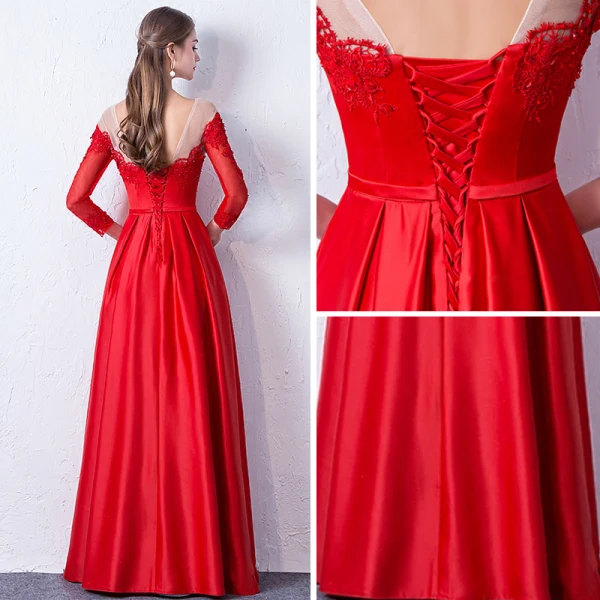 Elegant Red Evening Dresses 2017 A-Line / Princess Scoop Neck Long Sleeve Appliques Lace Beading Sash Floor-Length / Long Backless Pierced Formal Dresses